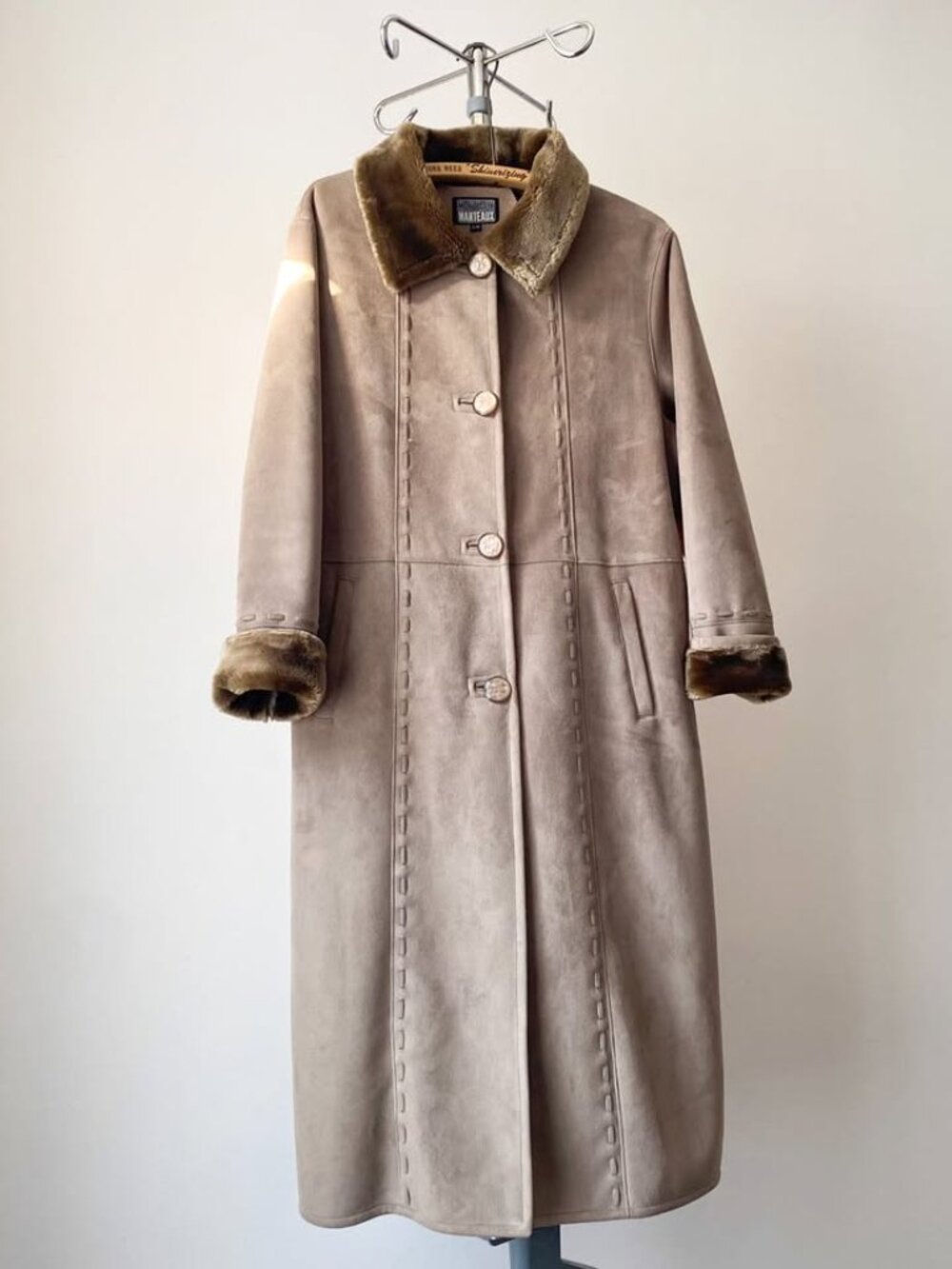 Y2K Vintage Khaki Green Long Faux Shearling Coat with Faux Fur Trim and Braided